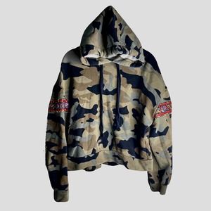 Zara Trafaluc Cropped Camo Green Black Hoodie Embroidered Shiny Details Small